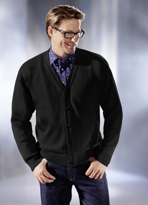 Hemden, Pullover & Shirts - Cardigan mit durchgehender Knopfleiste in 4 Farben, in Größe 044 bis 062, in Farbe SCHWARZ Ansicht 1