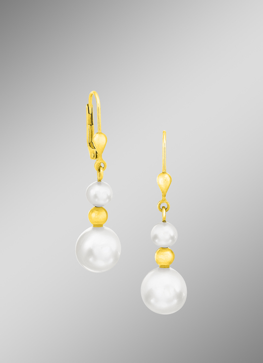 mit Perlen - Klassische Ohrringe mit Süßwasser-Zuchtperlen und Goldkugeln, in Farbe