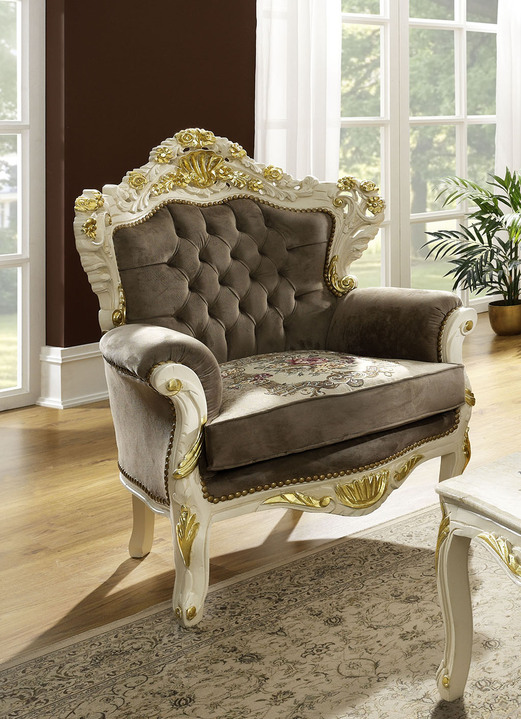 Polstermöbel - Schmuckvolle Wohnzimmermöbel mit weiß-goldfarbener Lackierung, in Farbe WEISS-GOLD, in Ausführung Sessel