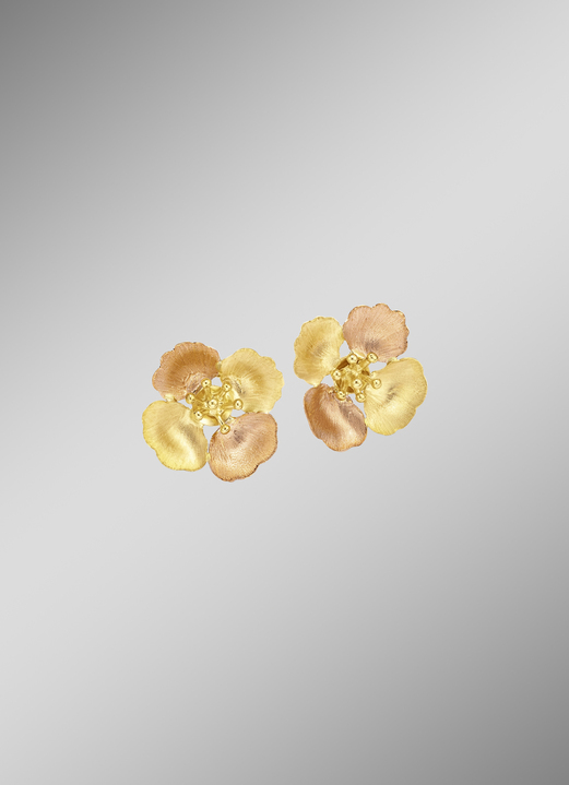 ohne Steine / mit Zirkonia - Satinierte Ohrstecker Blüte in Bicolor, in Farbe  Ansicht 1