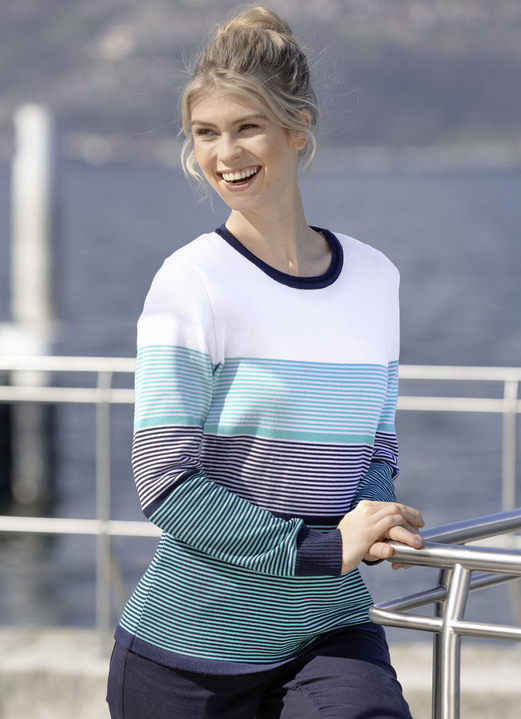 Pullover - Pullover mit Streifen rundum, in Größe 036 bis 050, in Farbe MARINE-TÜRKIS-WEISS Ansicht 1