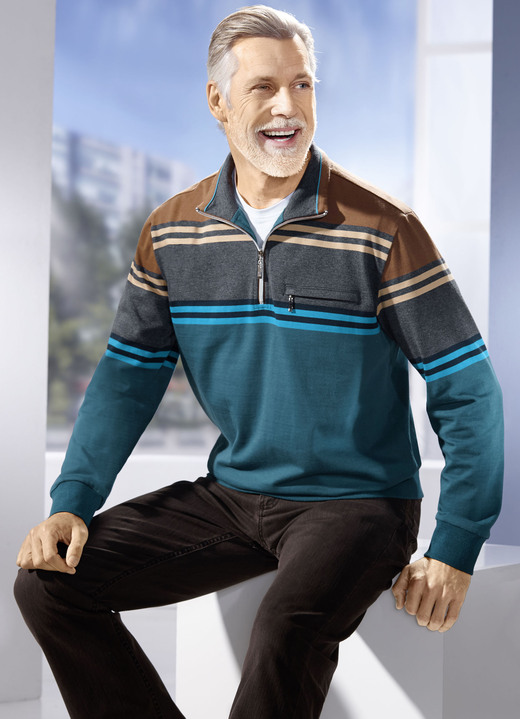 Hemden, Pullover & Shirts - Troyer aus reiner Baumwolle, in Größe 046 bis 062, in Farbe PETROL-ANTHRAZIT-BRAUN Ansicht 1