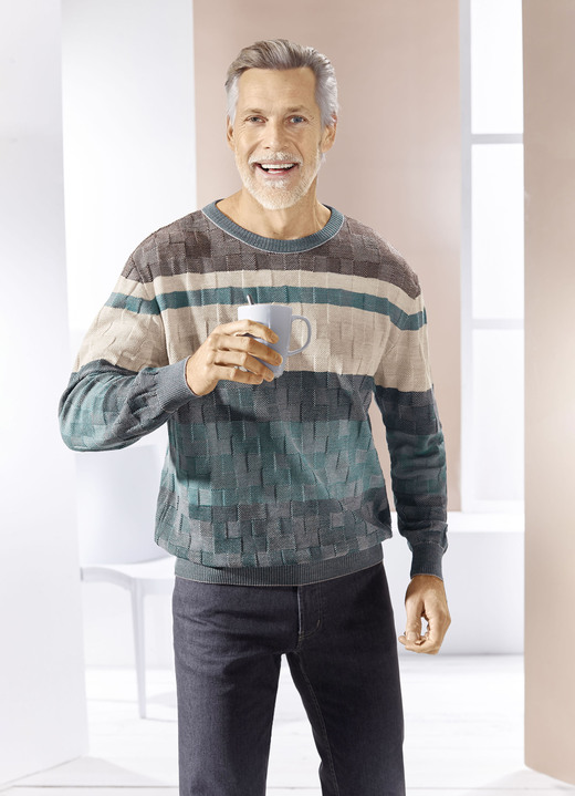 Hemden, Pullover & Shirts - Rundhalspullover mit Strukturmix in 2 Farben, in Größe 046 bis 064, in Farbe PETROL-BEIGE-BRAUN Ansicht 1