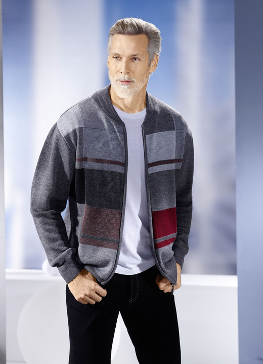 Hemden, Pullover & Shirts - Jacke mit durchgehendem Reißverschluss in 2 Farben, in Größe 046 bis 064, in Farbe MITTELGRAU MELIERT-BORDEAUX-GRAU Ansicht 1