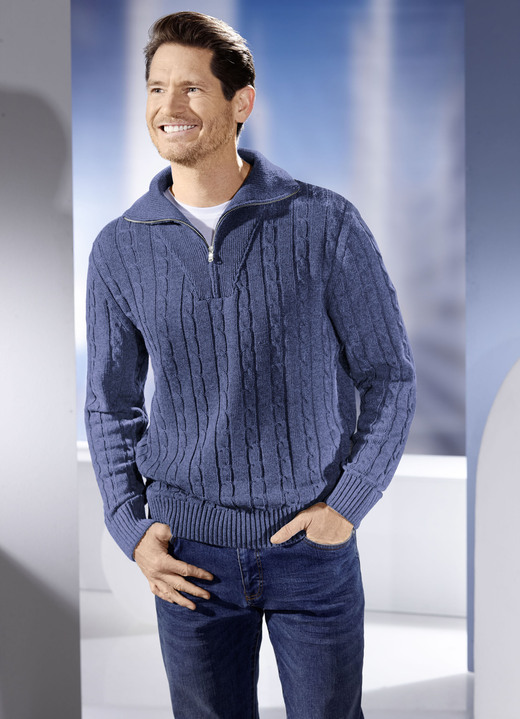 Hemden, Pullover & Shirts - Troyer mit kurzem Reißverschluss in 5 Farben, in Größe 046 bis 062, in Farbe JEANSBLAU Ansicht 1