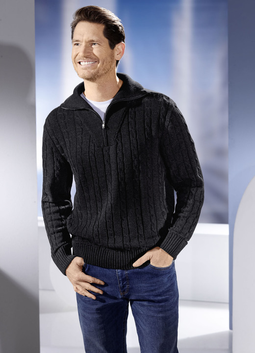 Hemden, Pullover & Shirts - Troyer mit kurzem Reißverschluss in 5 Farben, in Größe 046 bis 062, in Farbe SCHWARZ Ansicht 1