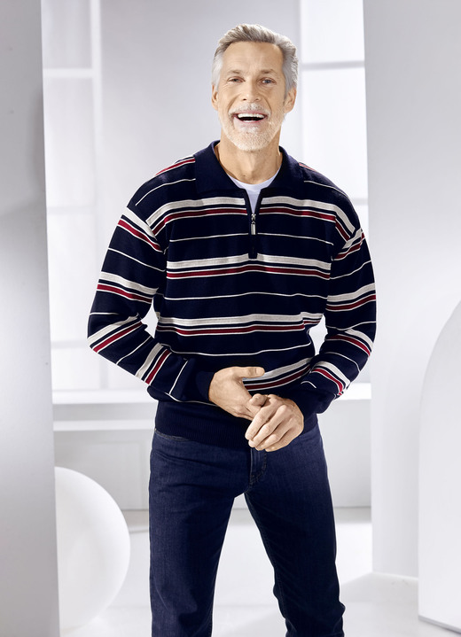 Hemden, Pullover & Shirts - Polopullover mit kurzem Reißverschluss in 2 Farben, in Größe 046 bis 062, in Farbe MARINE Ansicht 1