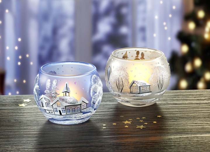 Weihnachtliche Dekorationen - Teelichthalter aus Glas im 2er-Set, in Farbe WEISS-HELLBLAU Ansicht 1