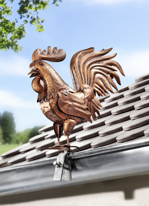 Gartendekoration - Dachrinnen- und Zaunfigur Hahn im Kupferlook, in Farbe KUPFER