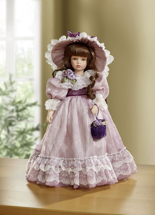 Puppen - Porzellan-Puppe auf Holz-Ständer, in Farbe ROSA-WEISS